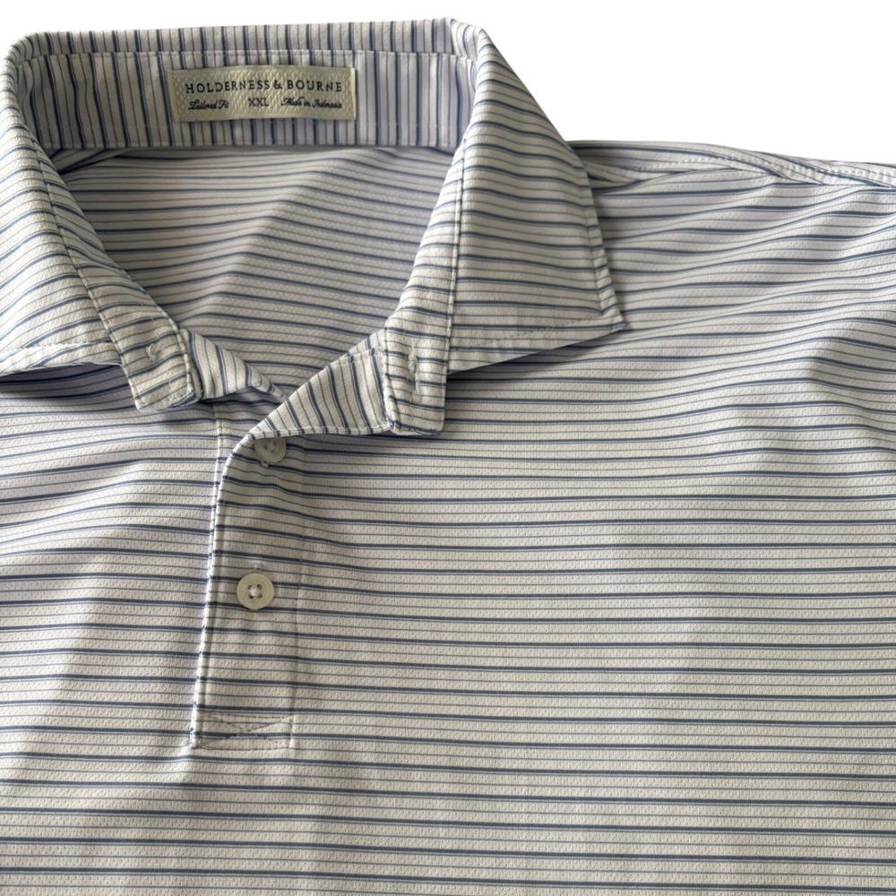 Holderness & Bourne Golf Polo XXL Tailored Fit Blue White Micro Stripe Perf Luxe